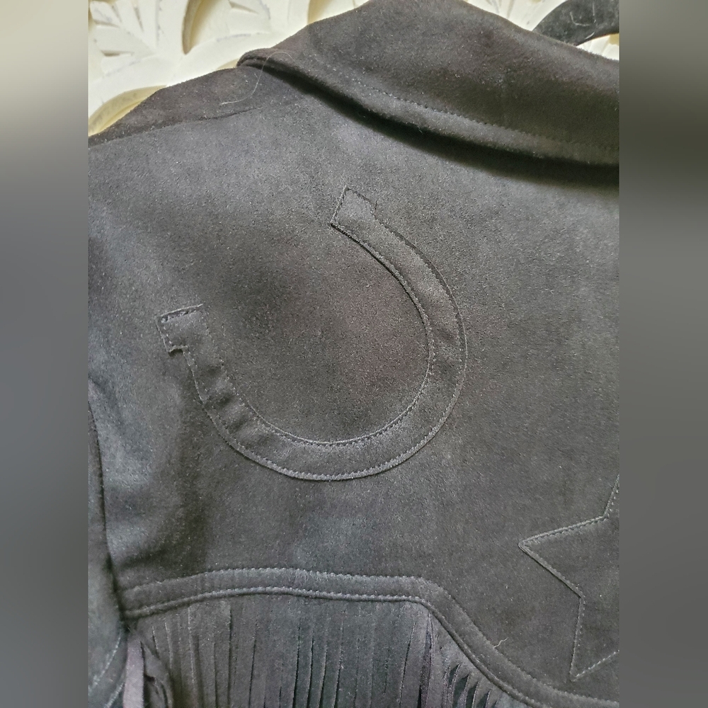 NWT Unique Vintage Black Faux Suede Tassle Fringe Cropped Jacket 1X / 16 - Picture 10 of 16